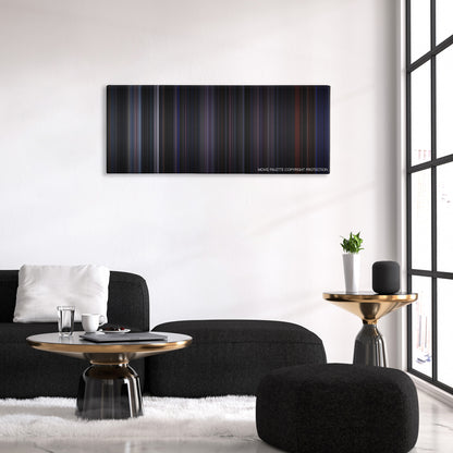 Doom color palette canvas above a black sofa with a gold-topped table