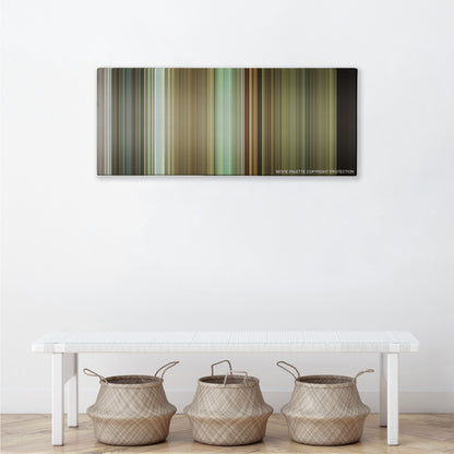 Before Midnight color palette canvas above a white bench with three woven baskets