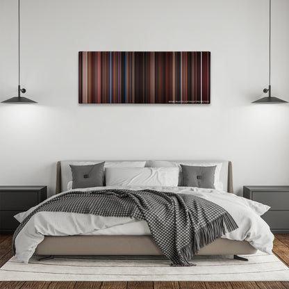 The Lost Boys color palette canvas above a bed, between two black pendant lamps