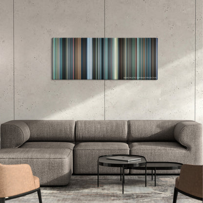 Bridget Jones: The Edge of Reason color palette canvas on a concrete wall above a gray sectional sofa