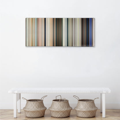 Baywatch color palette canvas above a white bench with three woven baskets