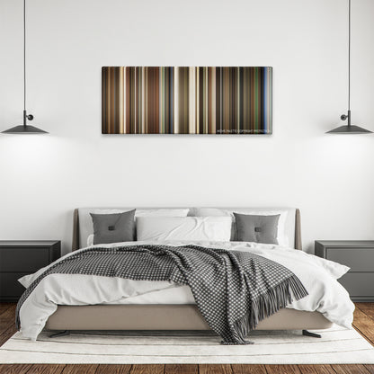 Pirate Radio color palette canvas above a bed, between two black pendant lamps