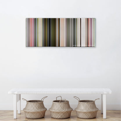 The Two Popes color palette canvas above a white bench with three woven baskets