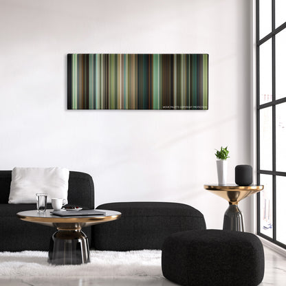 Out of the Furnace color palette canvas above a black sofa with a gold-topped table