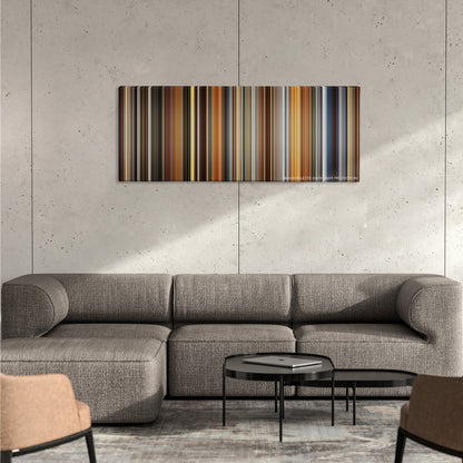 Ocean's Twelve color palette canvas on a concrete wall above a gray sectional sofa