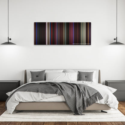 Only God Forgives color palette canvas above a bed, between two black pendant lamps