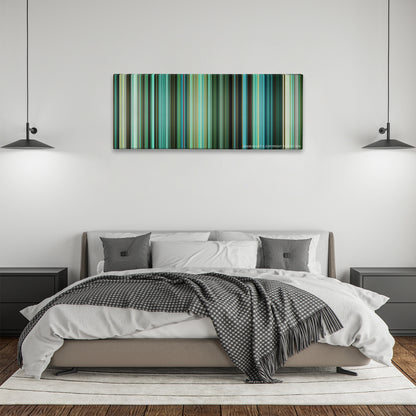Venom color palette canvas above a bed, between two black pendant lamps