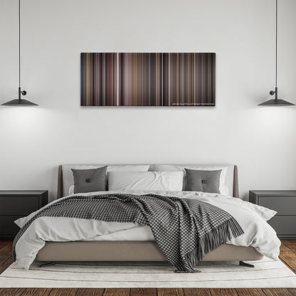 Airplane! color palette canvas above a bed, between two black pendant lamps