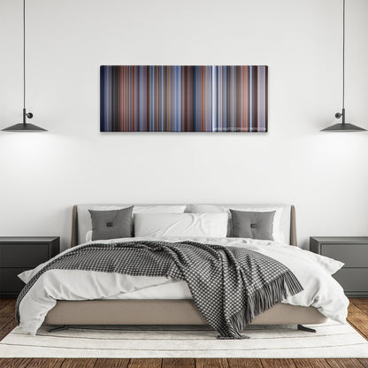 Home Alone 3 color palette canvas above a bed, between two black pendant lamps