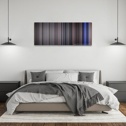 School of Rock color palette canvas above a bed, between two black pendant lamps