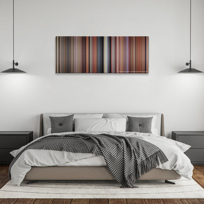 Dumb and Dumber color palette canvas above a bed, between two black pendant lamps
