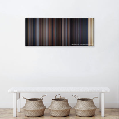 Entrapment color palette canvas above a white bench with three woven baskets