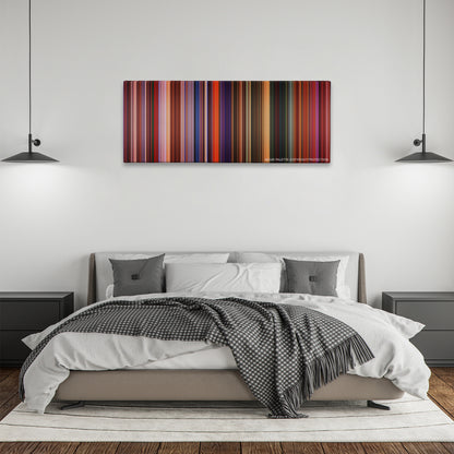 Treasure Planet color palette canvas above a bed, between two black pendant lamps