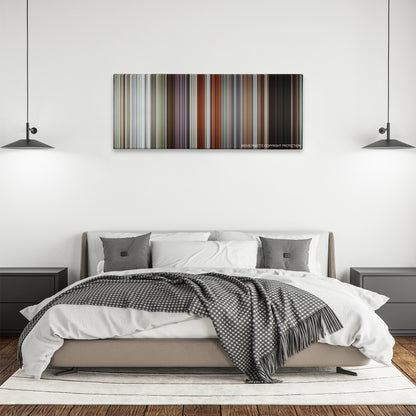 Final Destination 5 color palette canvas above a bed, between two black pendant lamps