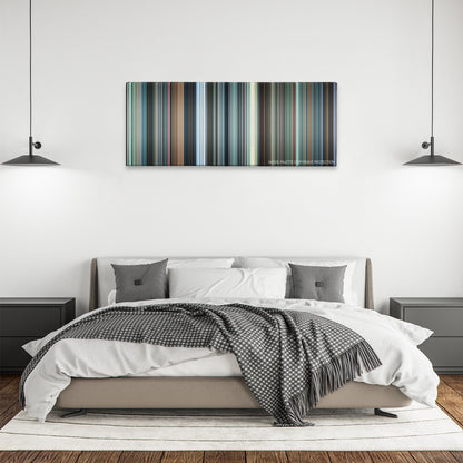 Bridget Jones: The Edge of Reason color palette canvas above a bed, between two black pendant lamps