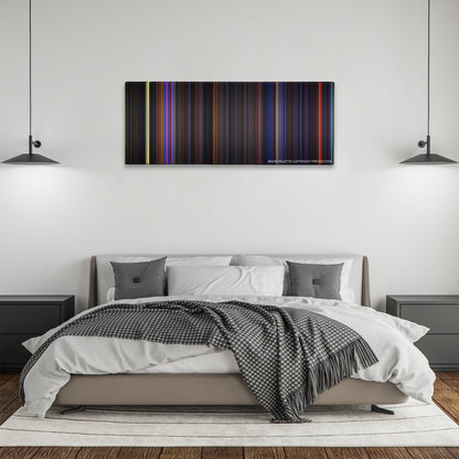 The Nightmare Before Christmas color palette canvas above a bed, between two black pendant lamps