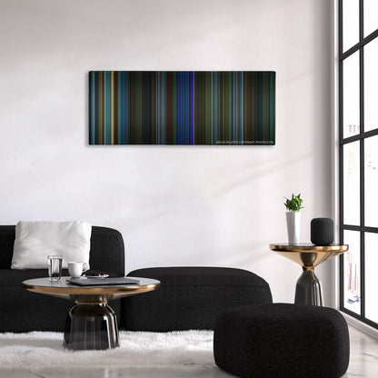 John Wick color palette canvas above a black sofa with a gold-topped table
