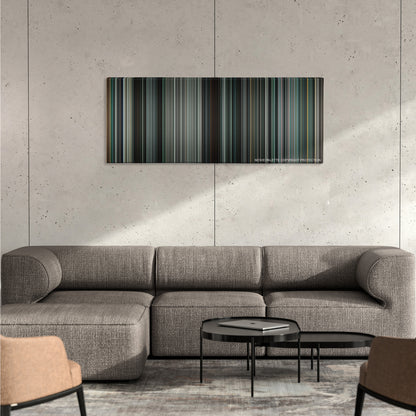 Terminator Salvation color palette canvas on a concrete wall above a gray sectional sofa