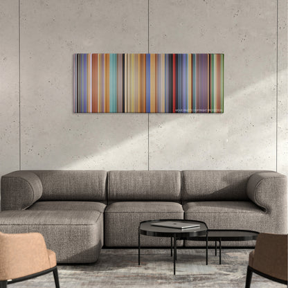 A Scanner Darkly color palette canvas on a concrete wall above a gray sectional sofa