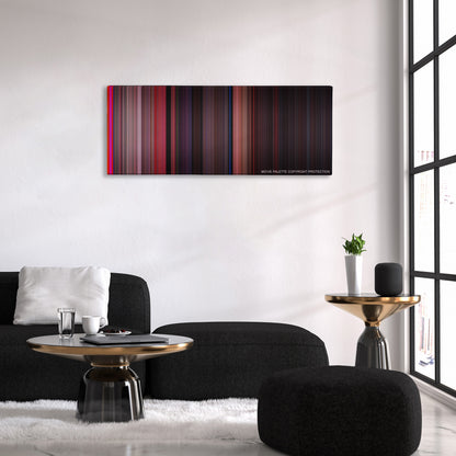 West Side Story color palette canvas above a black sofa with a gold-topped table