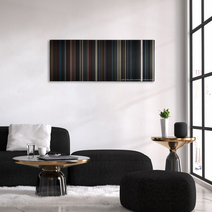 Insidious: Chapter 2 color palette canvas above a black sofa with a gold-topped table