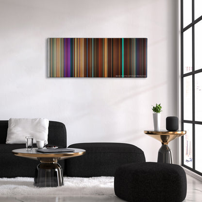 Nerve color palette canvas above a black sofa with a gold-topped table