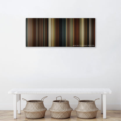 Seeking a Friend for the End of the World color palette canvas above a white bench with three woven baskets