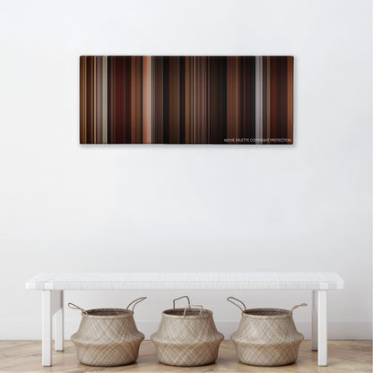 Sex Tape color palette canvas above a white bench with three woven baskets