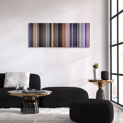 Big Hero 6 color palette canvas above a black sofa with a gold-topped table