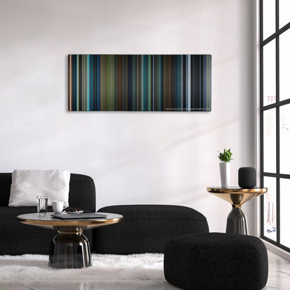 Miss Peregrine's Home for Peculiar Children color palette canvas above a black sofa with a gold-topped table