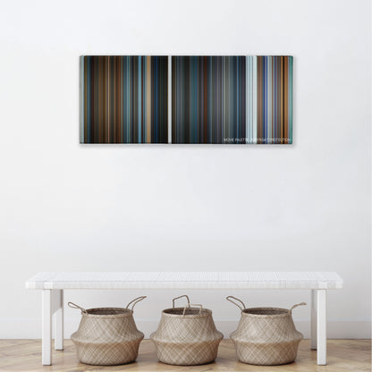 What Happened to Monday color palette canvas above a white bench with three woven baskets