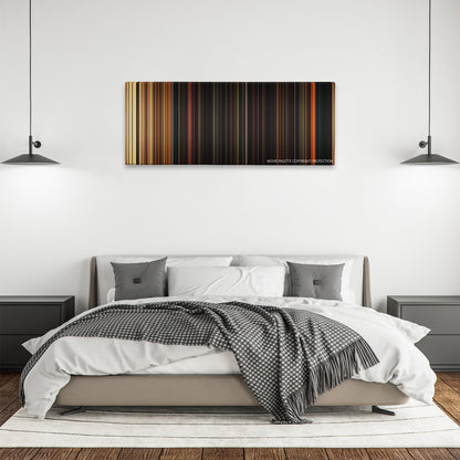 Hostage color palette canvas above a bed, between two black pendant lamps
