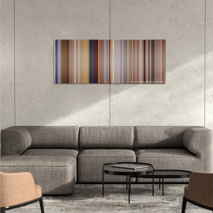 Anchorman: The Legend of Ron Burgundy color palette canvas on a concrete wall above a gray sectional sofa
