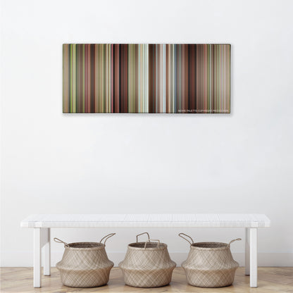 Caddyshack color palette canvas above a white bench with three woven baskets