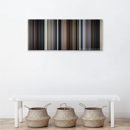 Cast Away color palette canvas above a white bench with three woven baskets