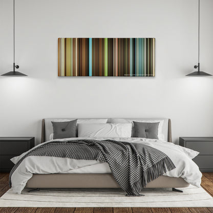 Jojo Rabbit color palette canvas above a bed, between two black pendant lamps