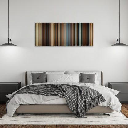 The Hunt color palette canvas above a bed, between two black pendant lamps