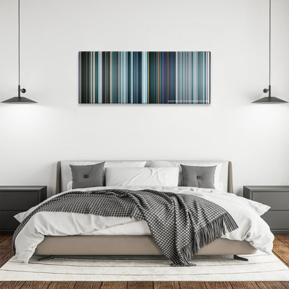 Pacific Rim: Uprising color palette canvas above a bed, between two black pendant lamps