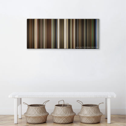 Pirate Radio color palette canvas above a white bench with three woven baskets