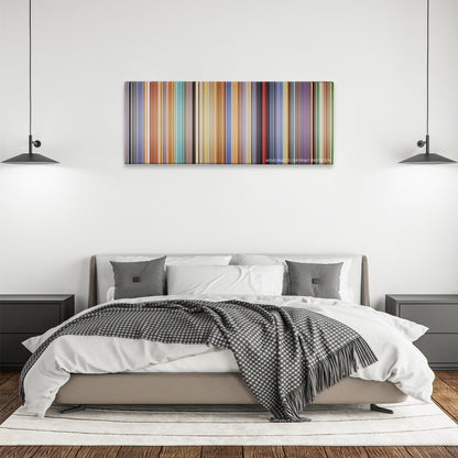 A Scanner Darkly color palette canvas above a bed, between two black pendant lamps