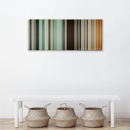 Three Kings color palette canvas above a white bench with three woven baskets