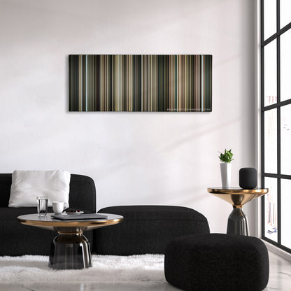 Incendies color palette canvas above a black sofa with a gold-topped table