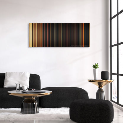 Hostage color palette canvas above a black sofa with a gold-topped table