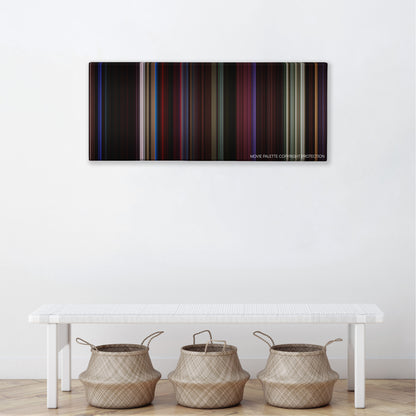 Only God Forgives color palette canvas above a white bench with three woven baskets