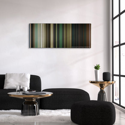 Terminator: Dark Fate color palette canvas above a black sofa with a gold-topped table