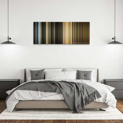 Pompeii color palette canvas above a bed, between two black pendant lamps