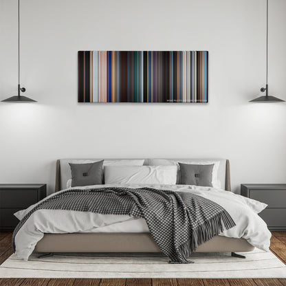 Black Panther color palette canvas above a bed, between two black pendant lamps