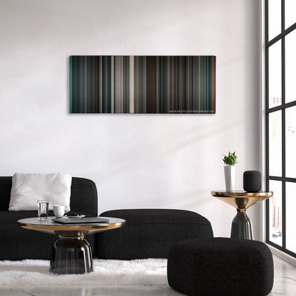 Flightplan color palette canvas above a black sofa with a gold-topped table