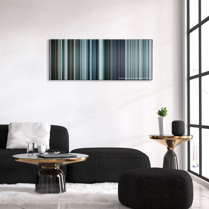 Pacific Rim: Uprising color palette canvas above a black sofa with a gold-topped table