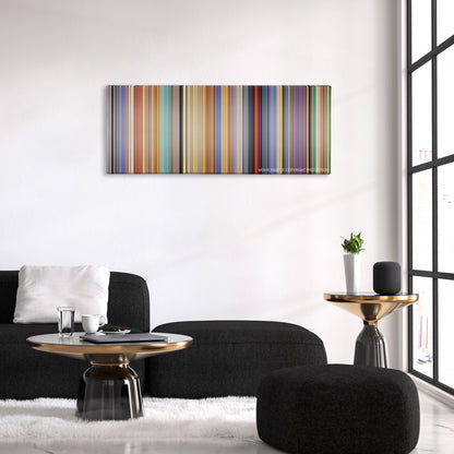A Scanner Darkly color palette canvas above a black sofa with a gold-topped table